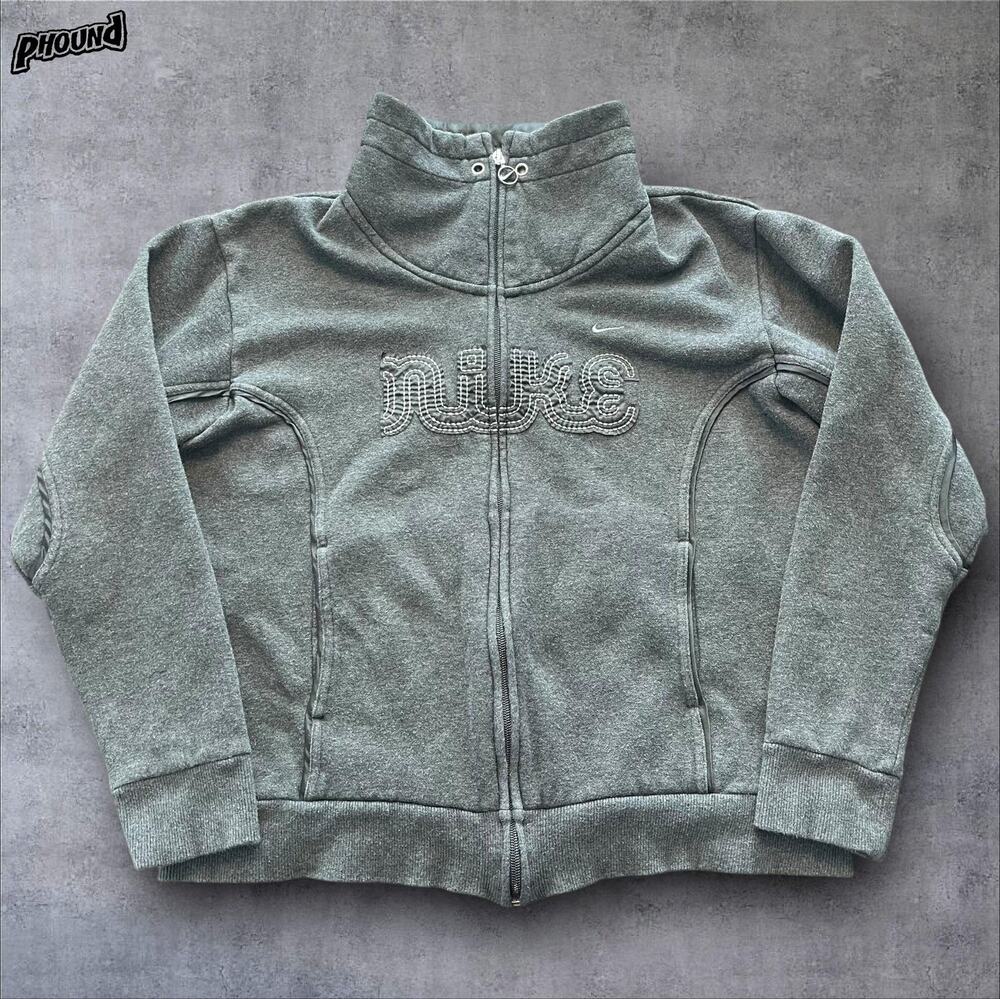 Nike Jacket Girls Large 12-14 Gray Fleece Full Zip Funnel Neck Logo Sweatshirt